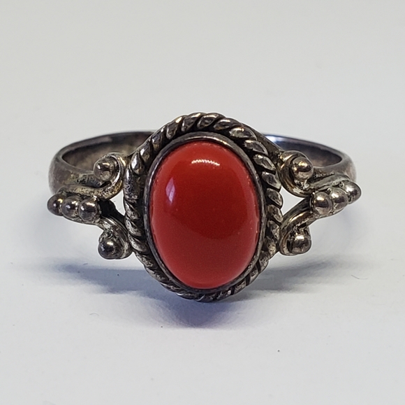 SOLD Red Coral Sterling Silver Scrolled Cabochon Ring